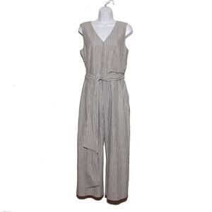 Boden Linen/Cotton Blend Striped Cropped Jumpsuit Size 8 Wrap front